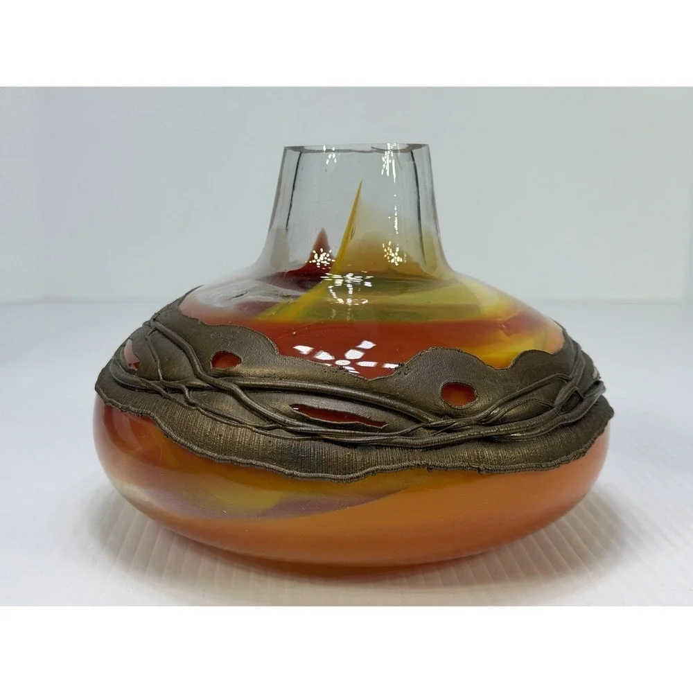 Hand Blown Art Glass Vase Decorative Copper Coated Metal Ring Embedded Orange